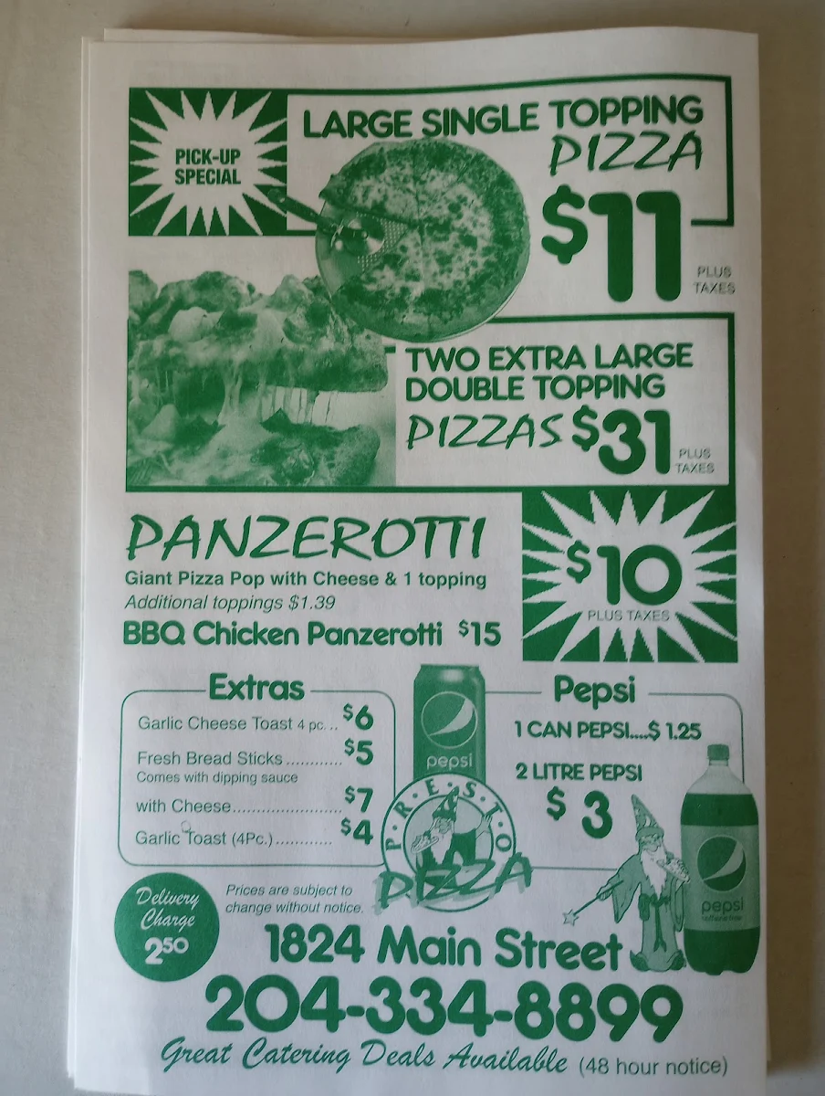 Menu, Presto Pizza