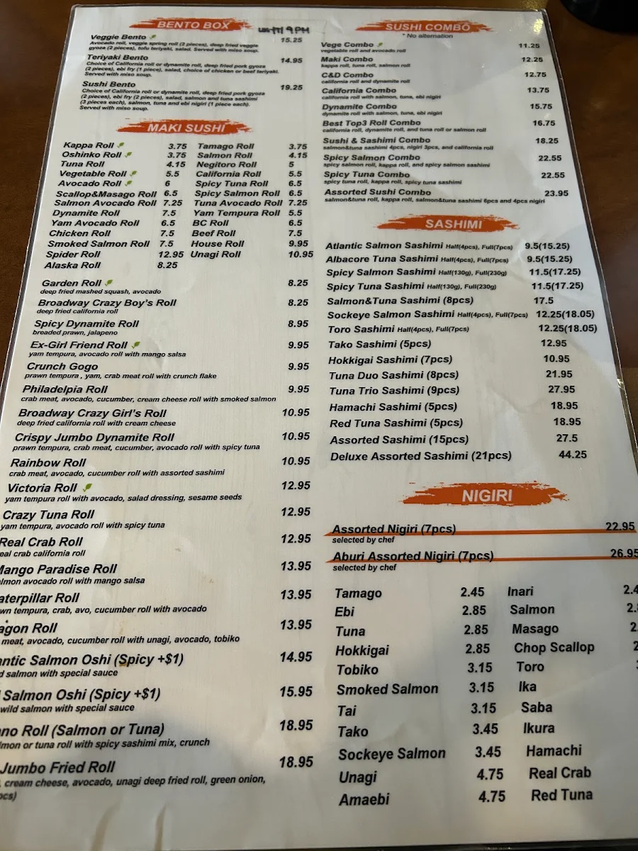 Menu, Masa Japanese Restaurant Vancouver