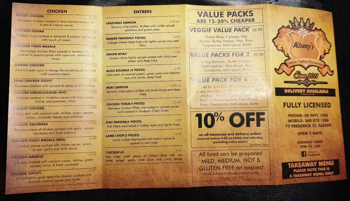 Menu, Albany Indian Tandoori Restaurant since 2011