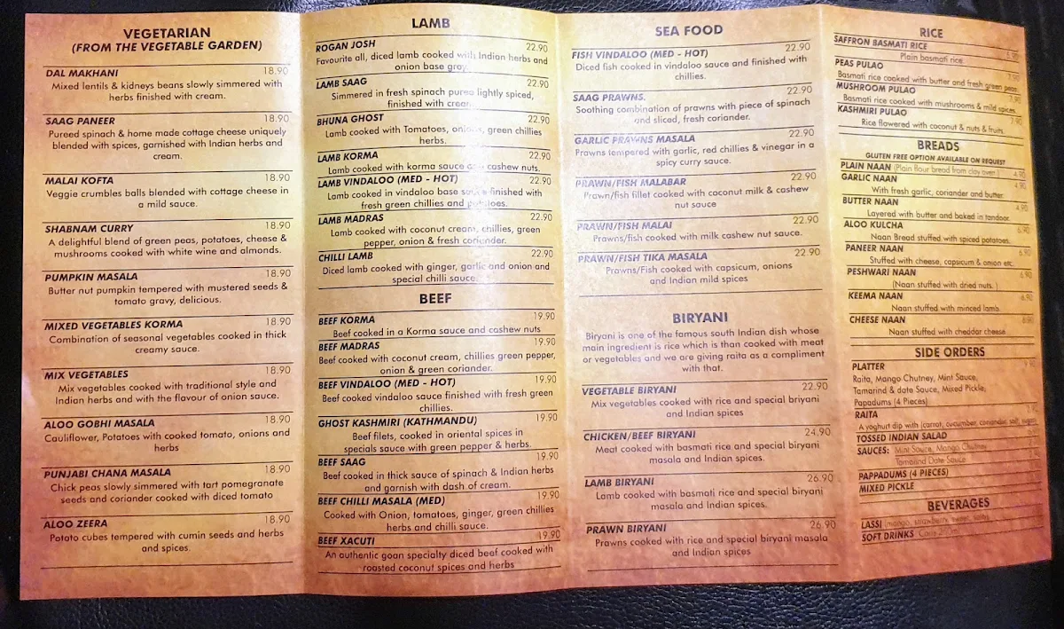 Menu, Albany Indian Tandoori Restaurant since 2011