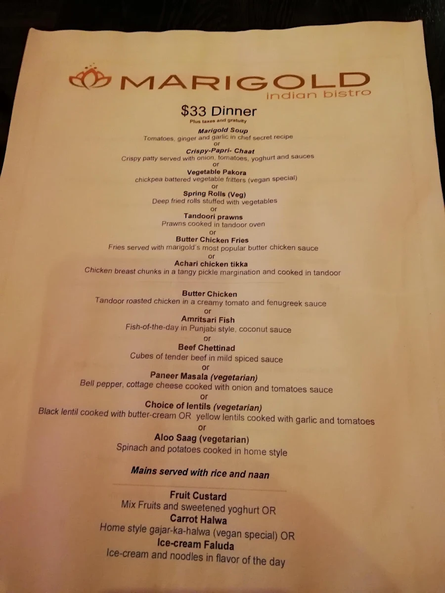 Menu, Marigold Indian Bistro