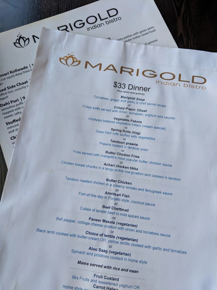 Menu, Marigold Indian Bistro