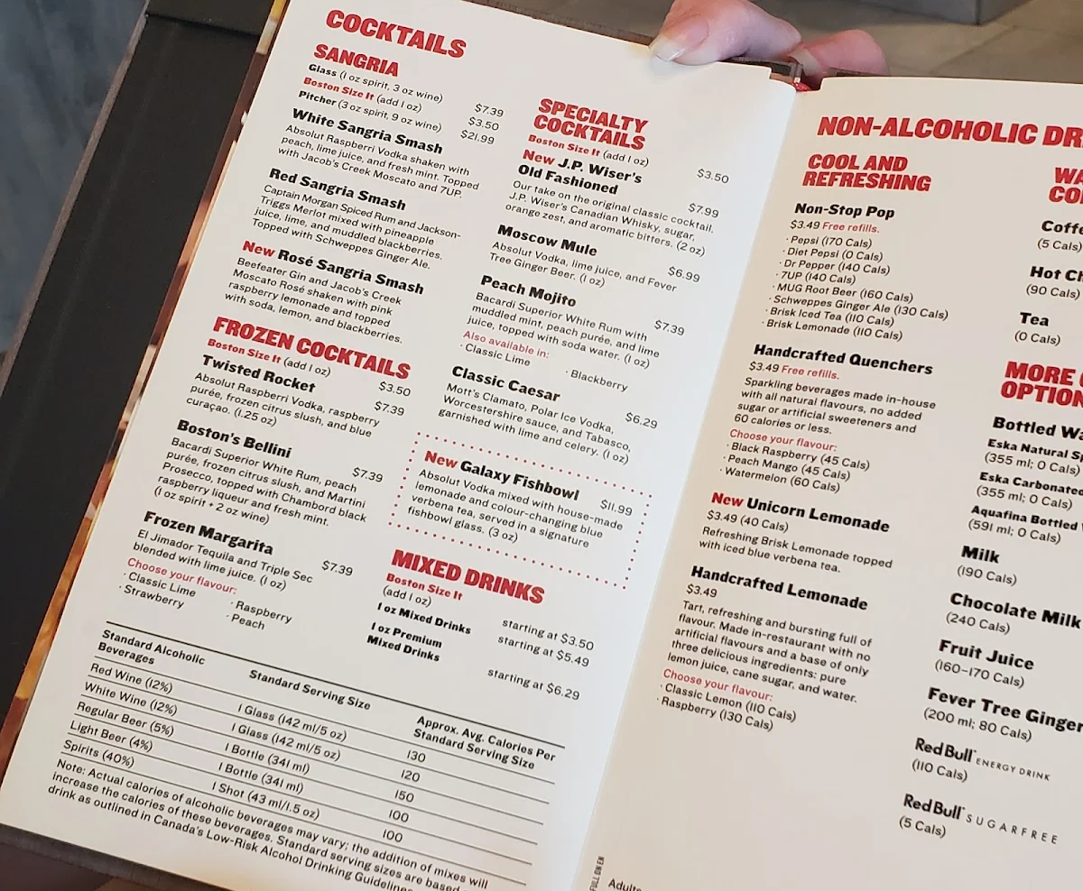Menu, Boston Pizza