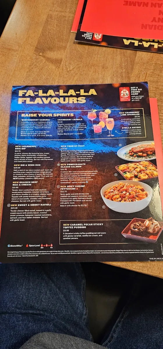 Menu, Boston Pizza