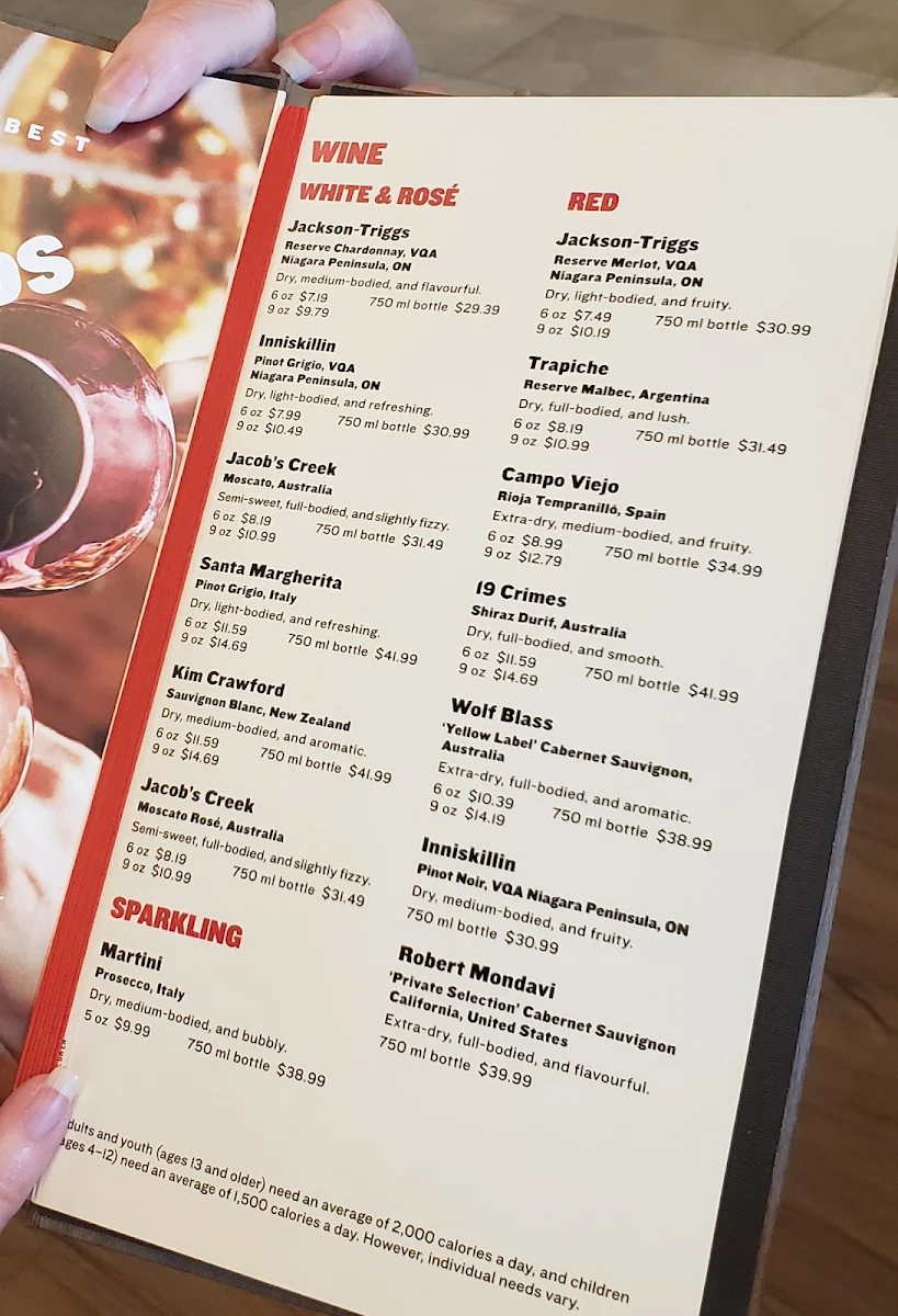 Menu, Boston Pizza