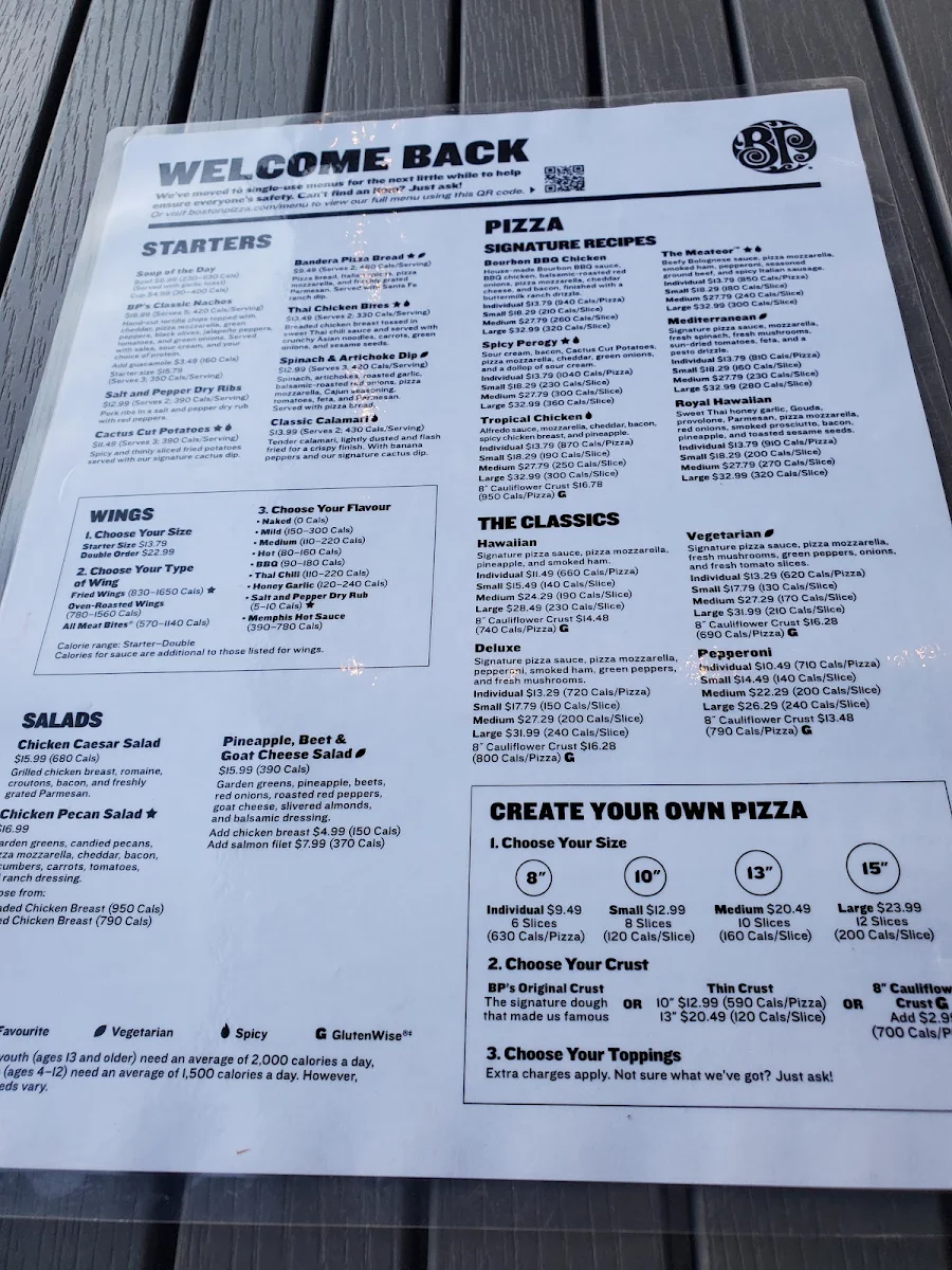 Menu, Boston Pizza
