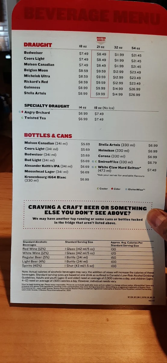 Menu, Boston Pizza