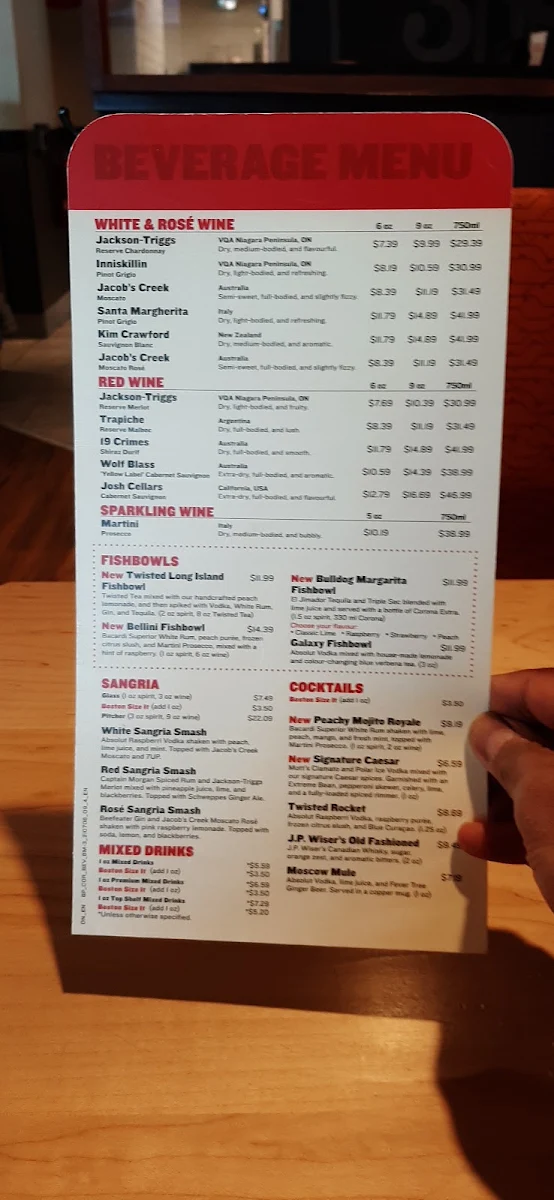 Menu, Boston Pizza