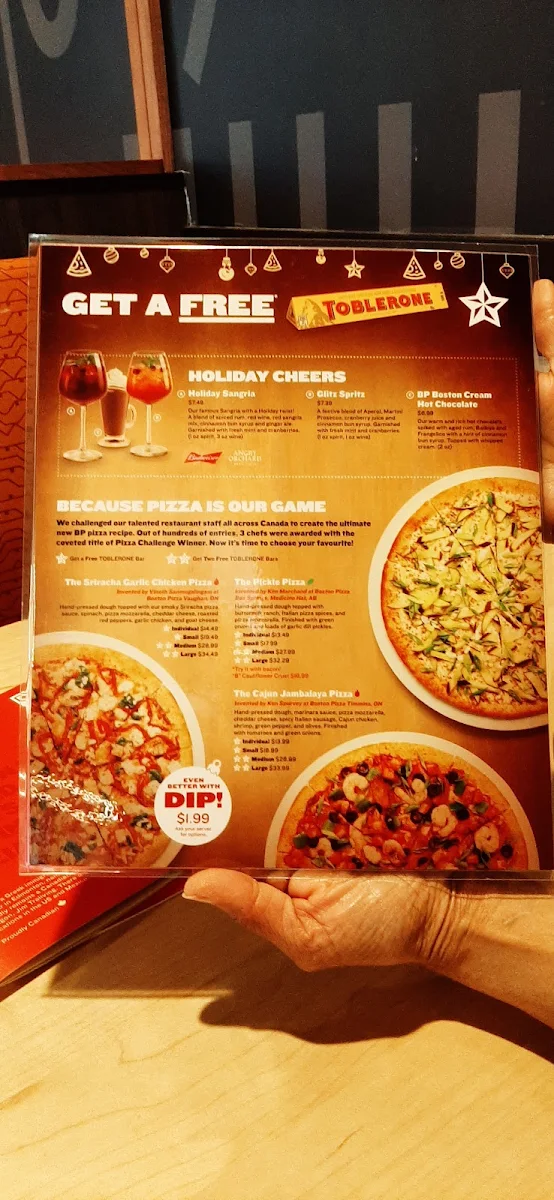 Menu, Boston Pizza