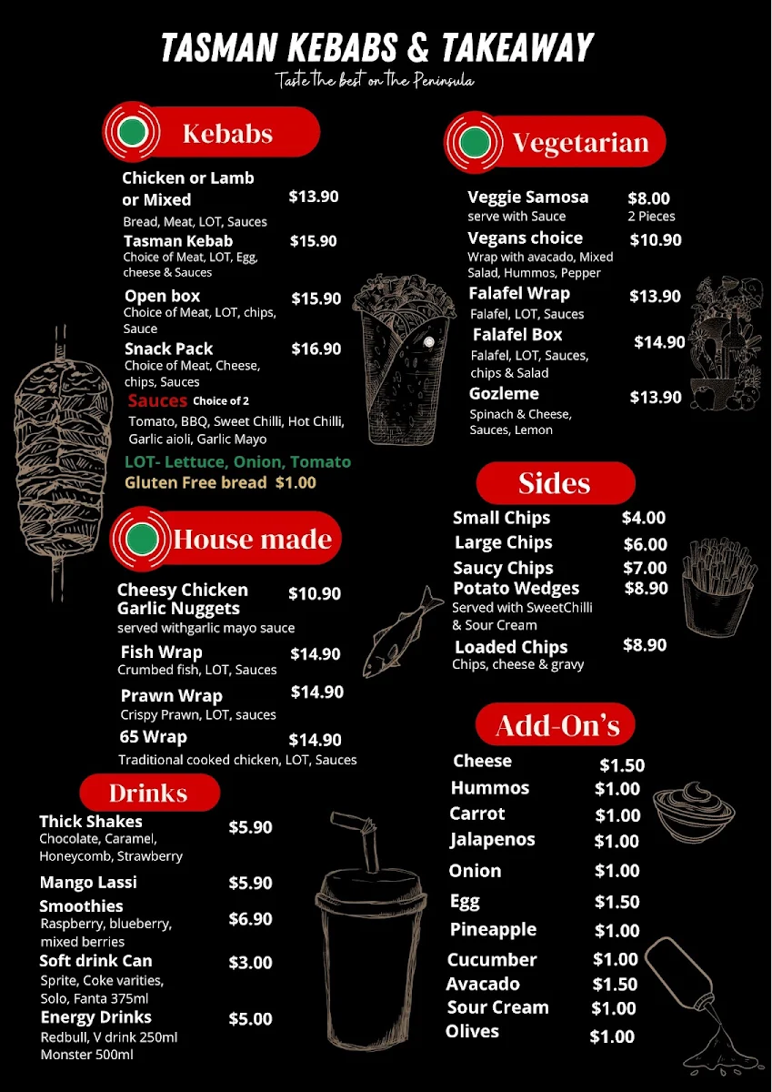 Menu, Tasman Kebabs & Takeaway