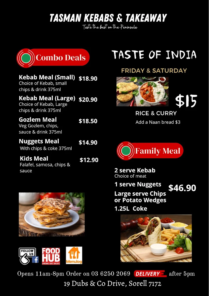 Menu, Tasman Kebabs & Takeaway