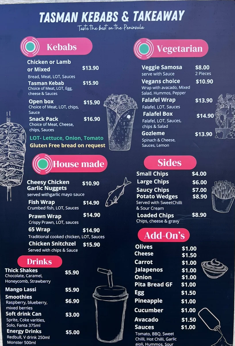 Menu, Tasman Kebabs & Takeaway
