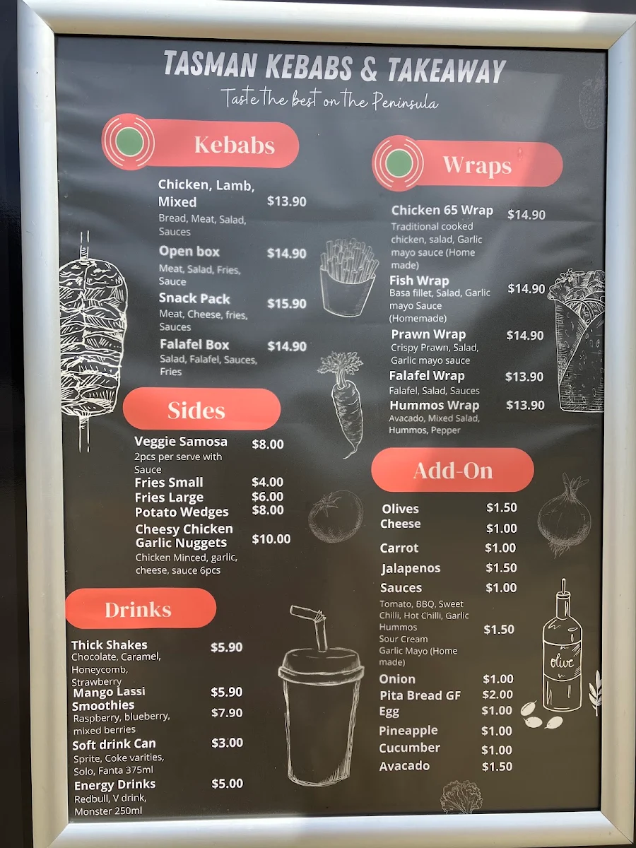 Menu, Tasman Kebabs & Takeaway