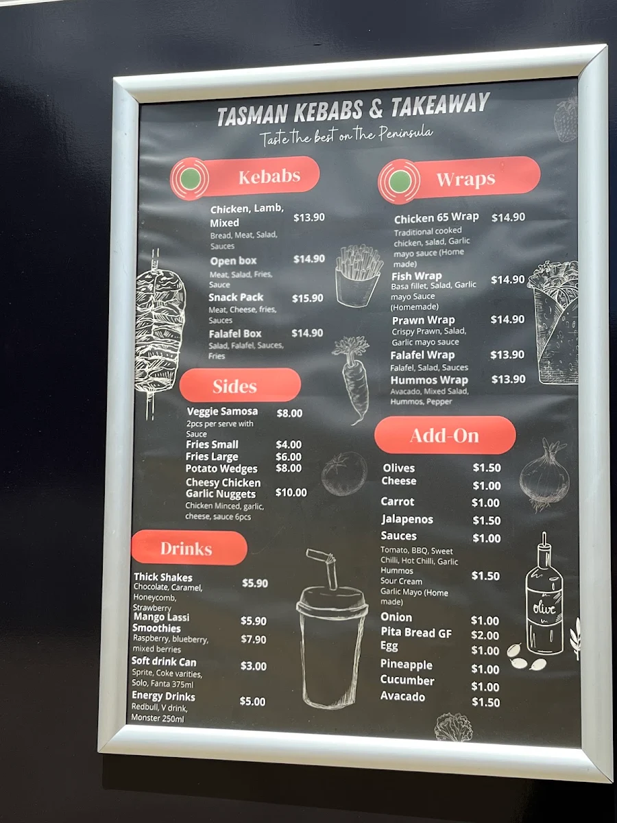 Menu, Tasman Kebabs & Takeaway