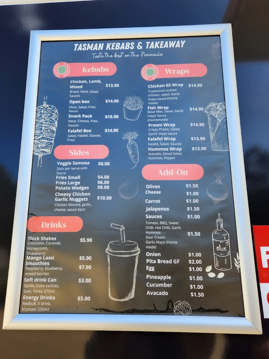 Menu, Tasman Kebabs & Takeaway