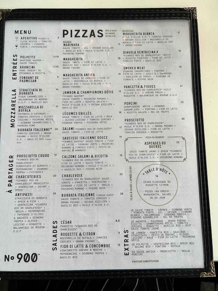 Menu, Pizzéria NO.900