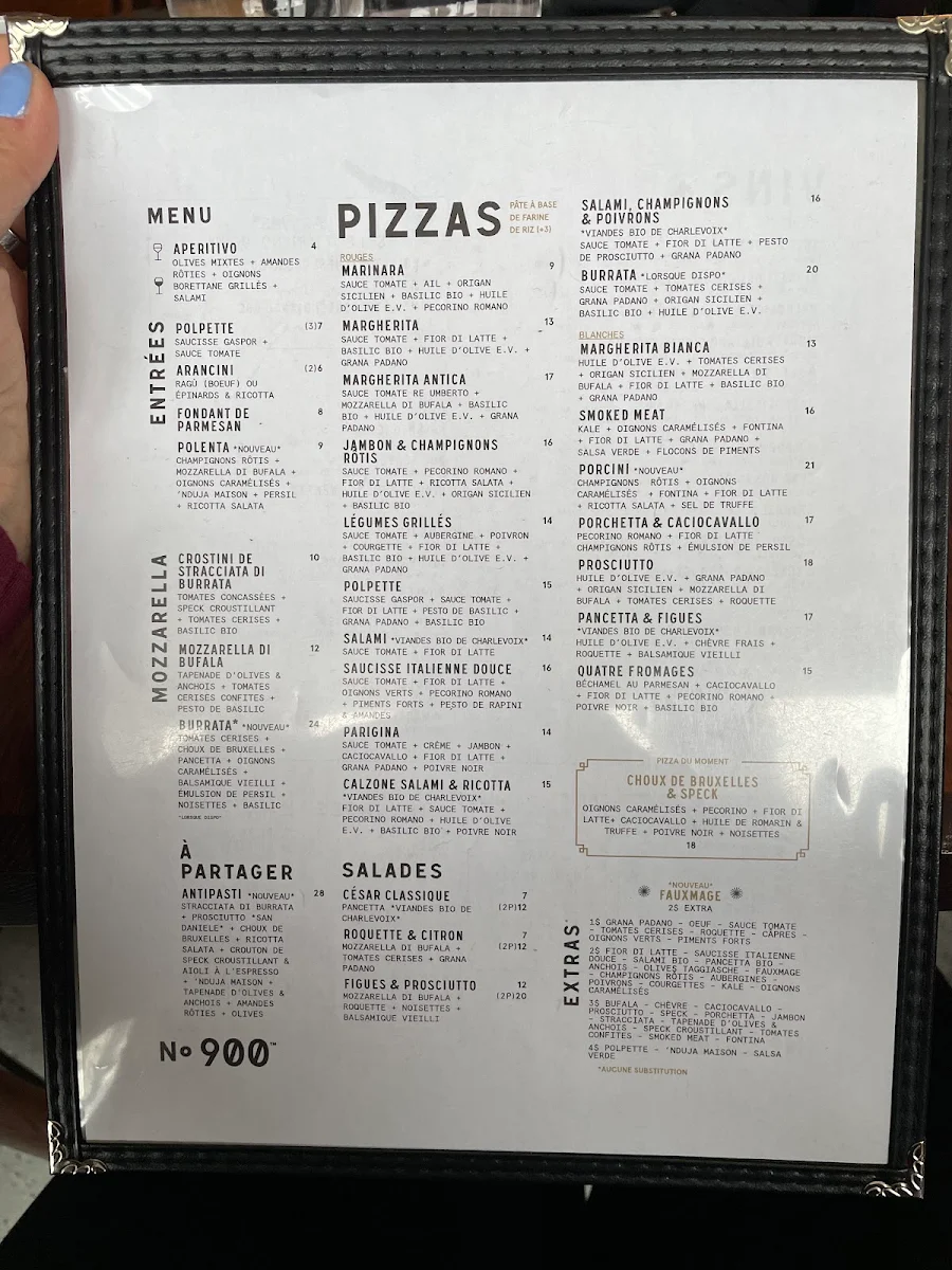 Menu, Pizzéria NO.900
