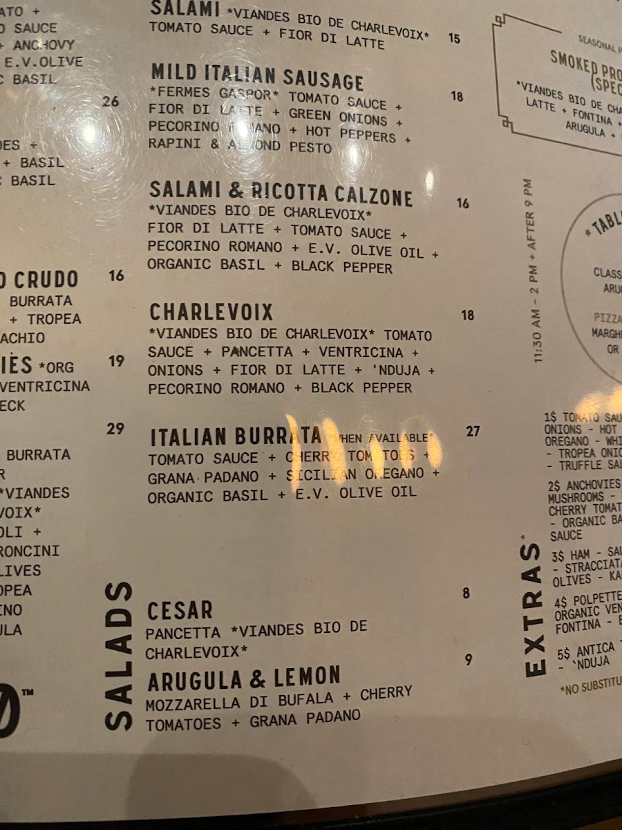 Menu, Pizzéria NO.900