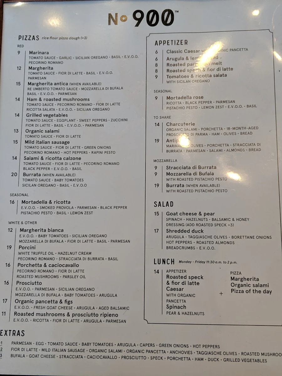 Menu, Pizzéria NO.900