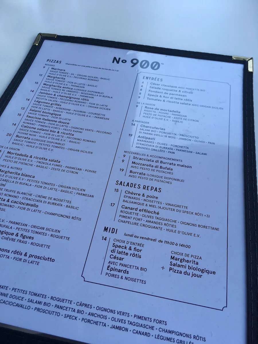Menu, Pizzéria NO.900