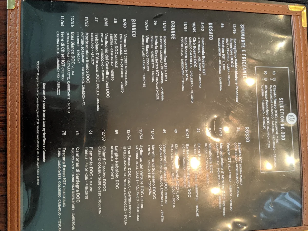 Menu, Pizzéria NO.900