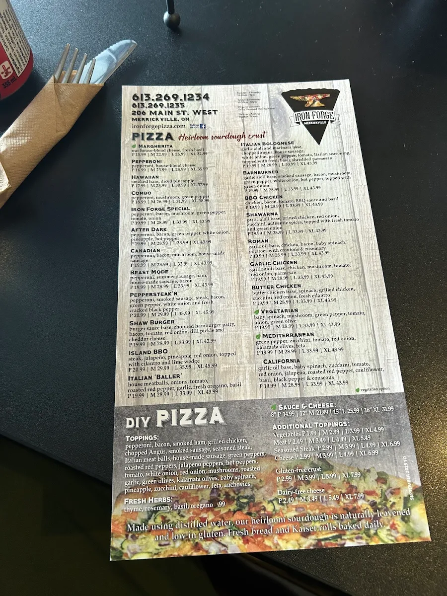 Menu, Iron Forge Pizza