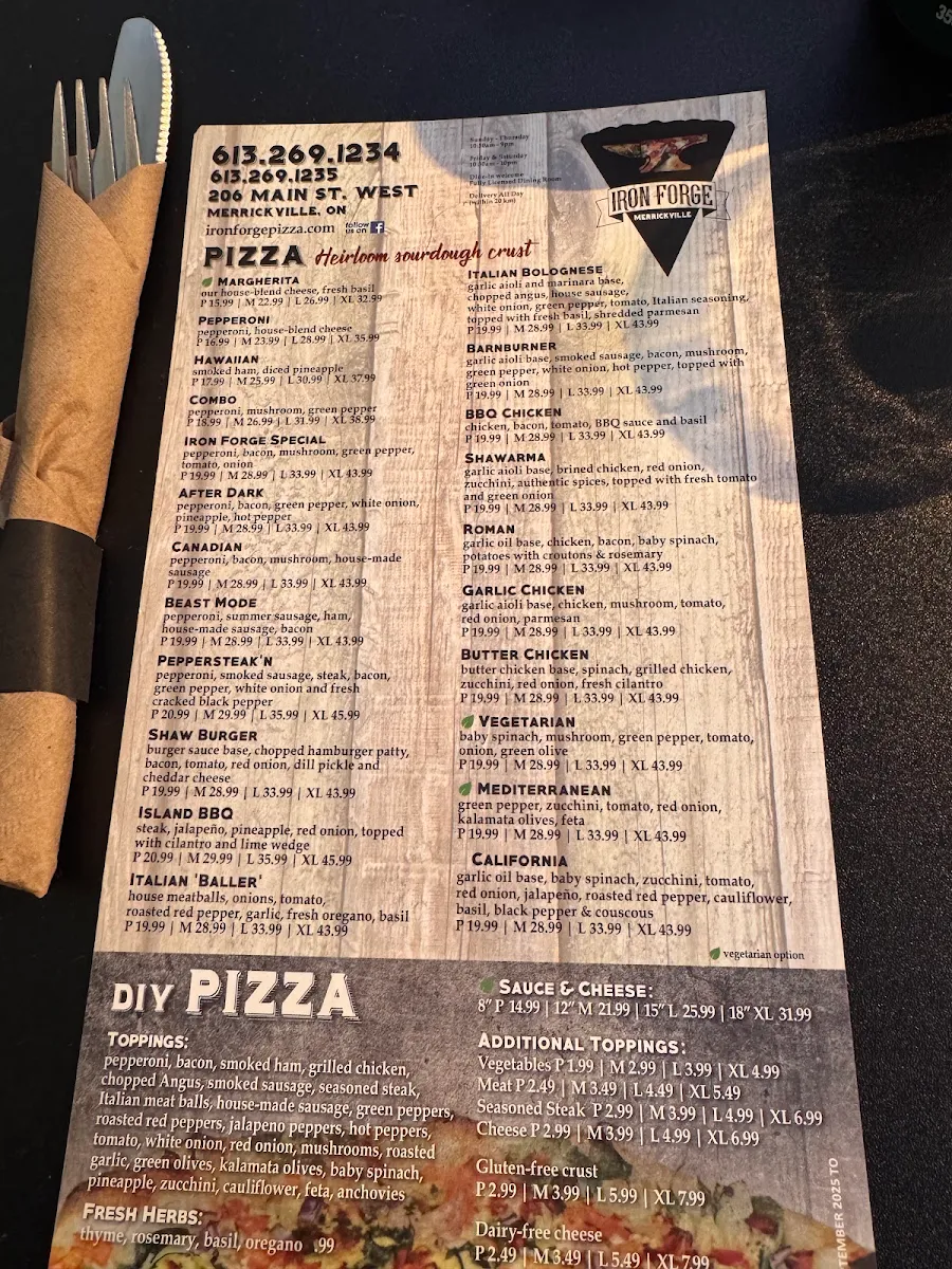 Menu, Iron Forge Pizza
