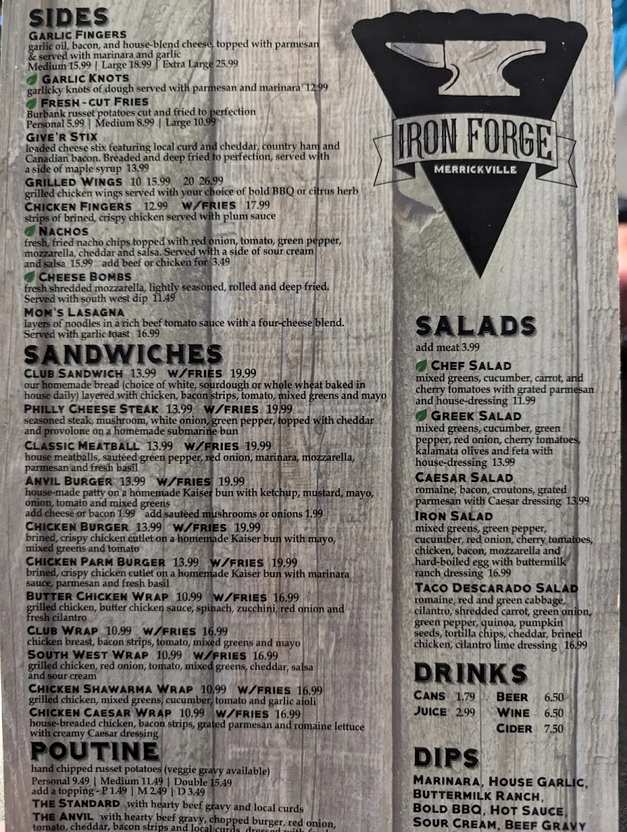 Menu, Iron Forge Pizza