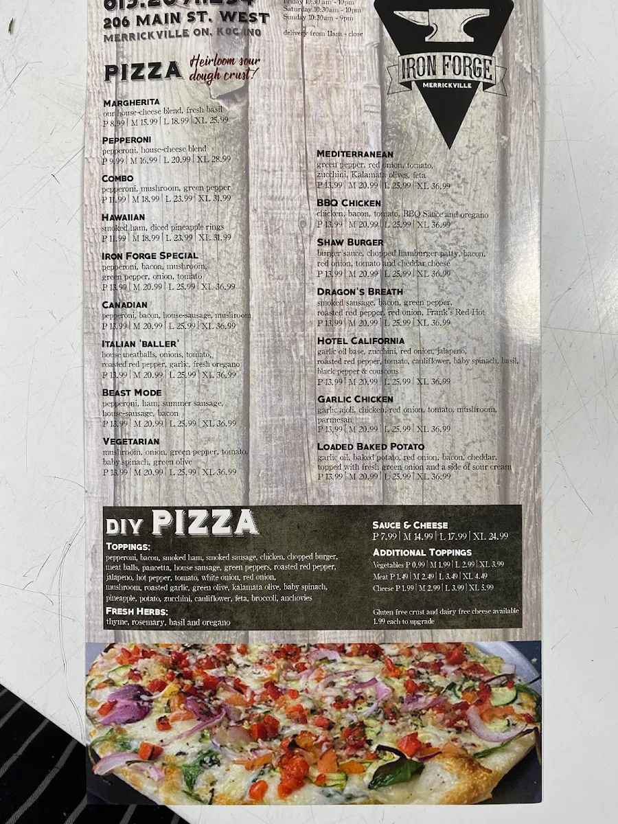 Menu, Iron Forge Pizza