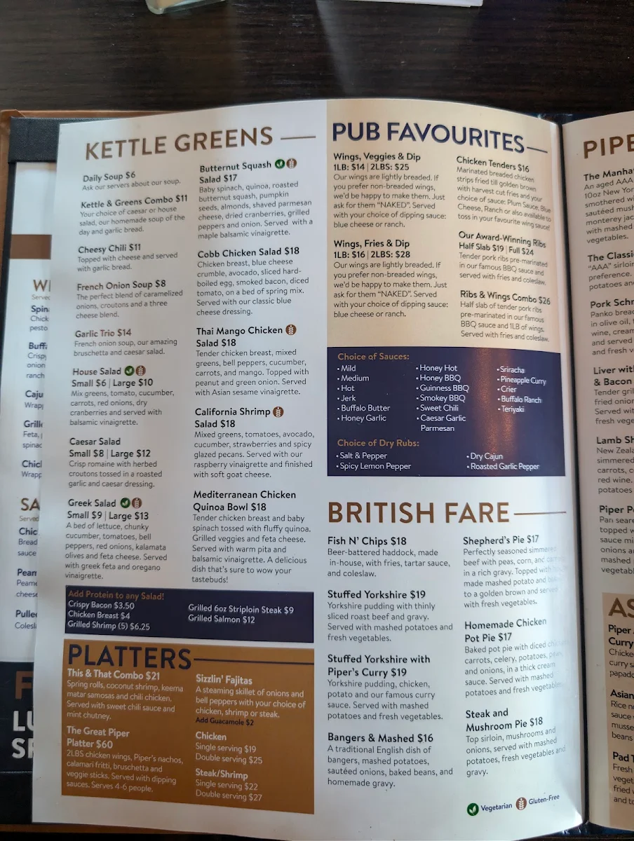 Menu, Piper Arms Whitby