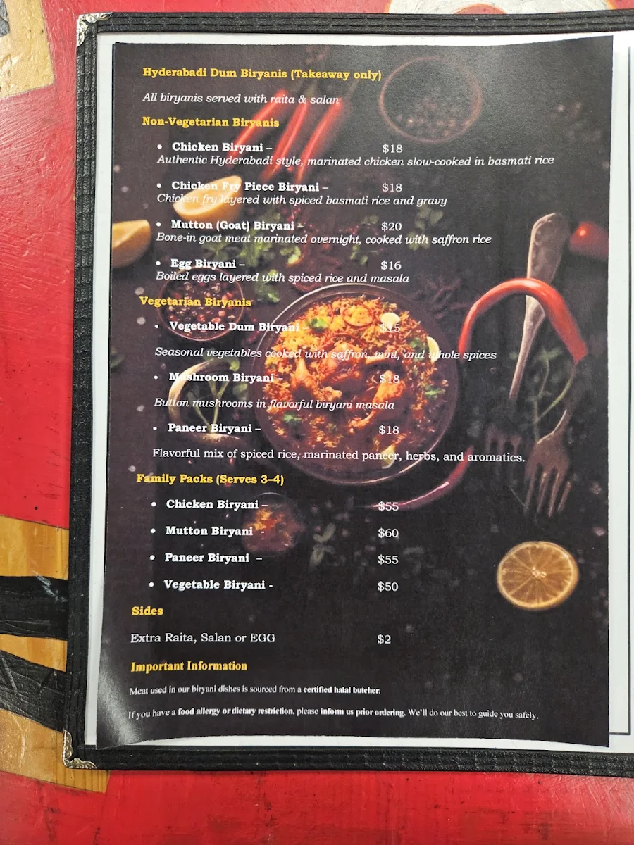 Menu, Hyderabadi Biryani Lounge
