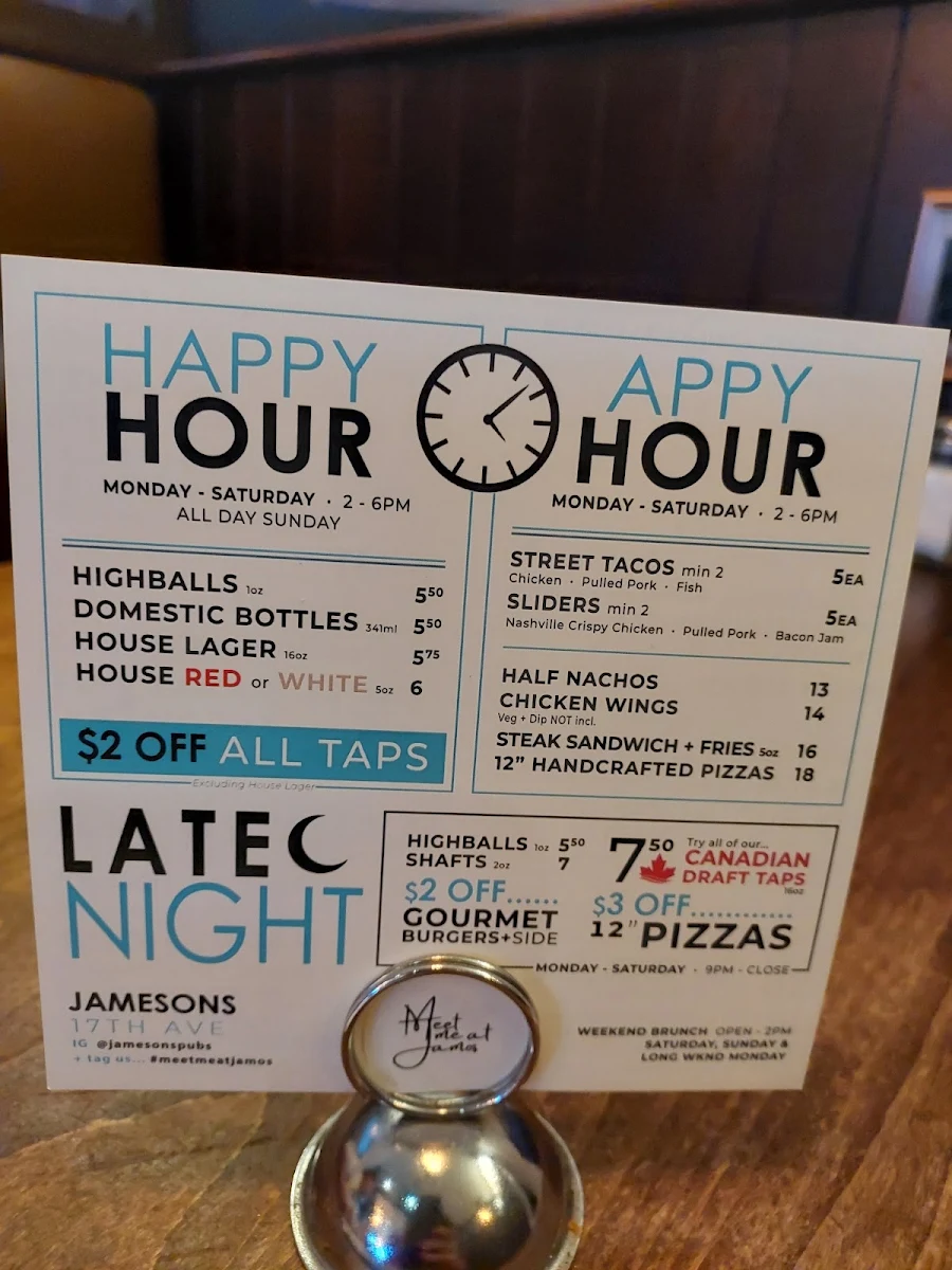 Menu, Jamesons Pub - 17th Ave