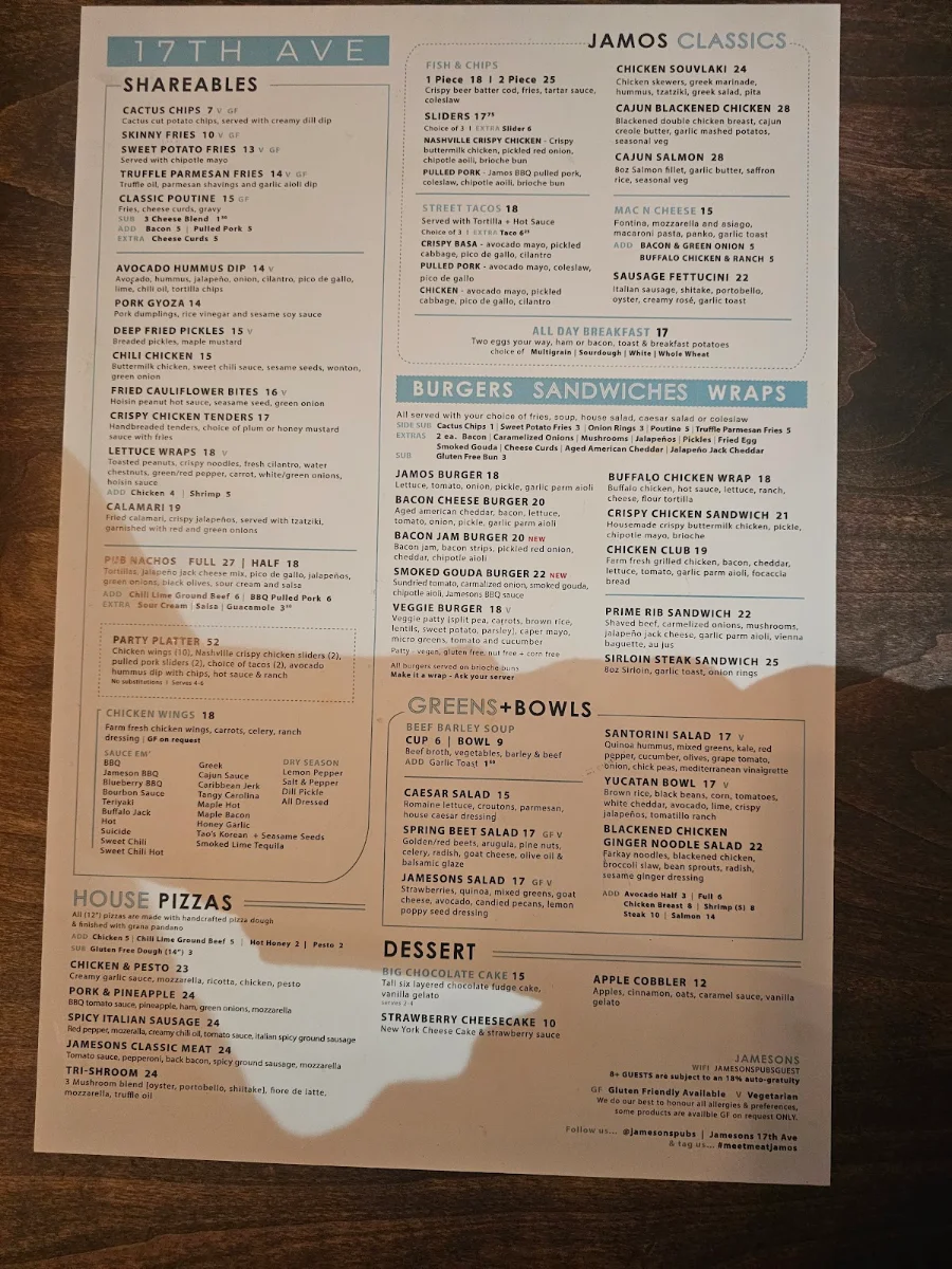 Menu, Jamesons Pub - 17th Ave