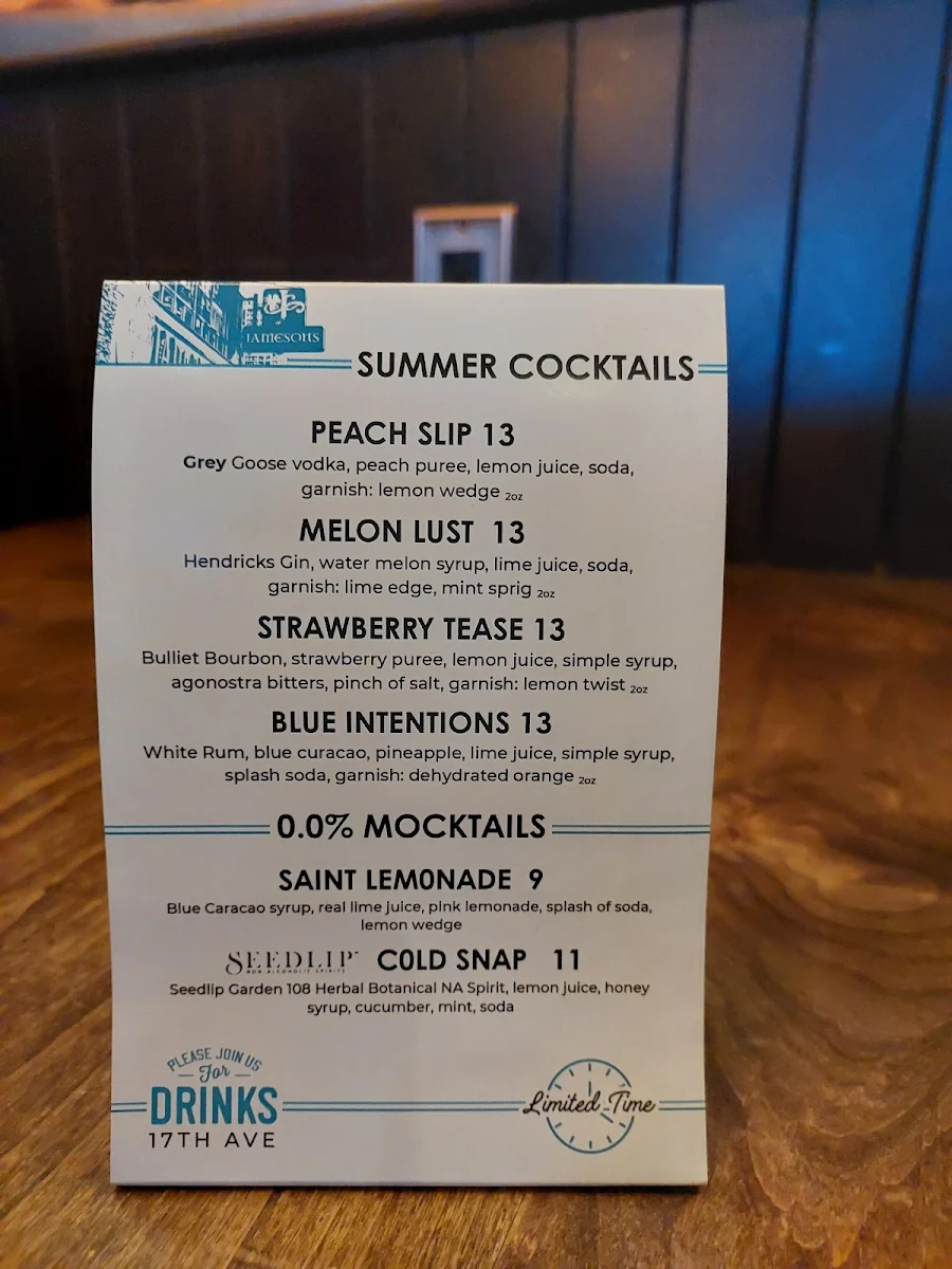 Menu, Jamesons Pub - 17th Ave