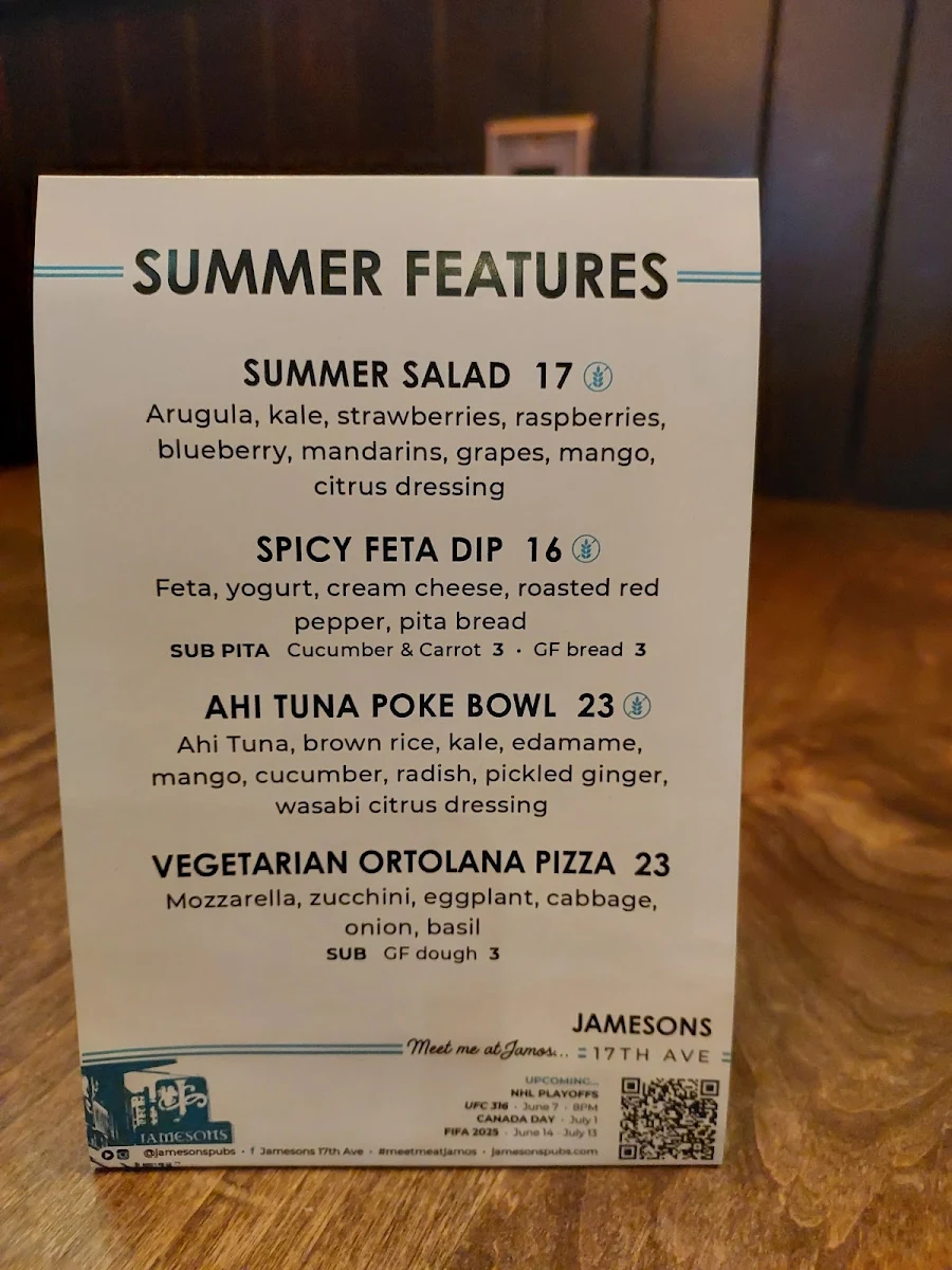 Menu, Jamesons Pub - 17th Ave