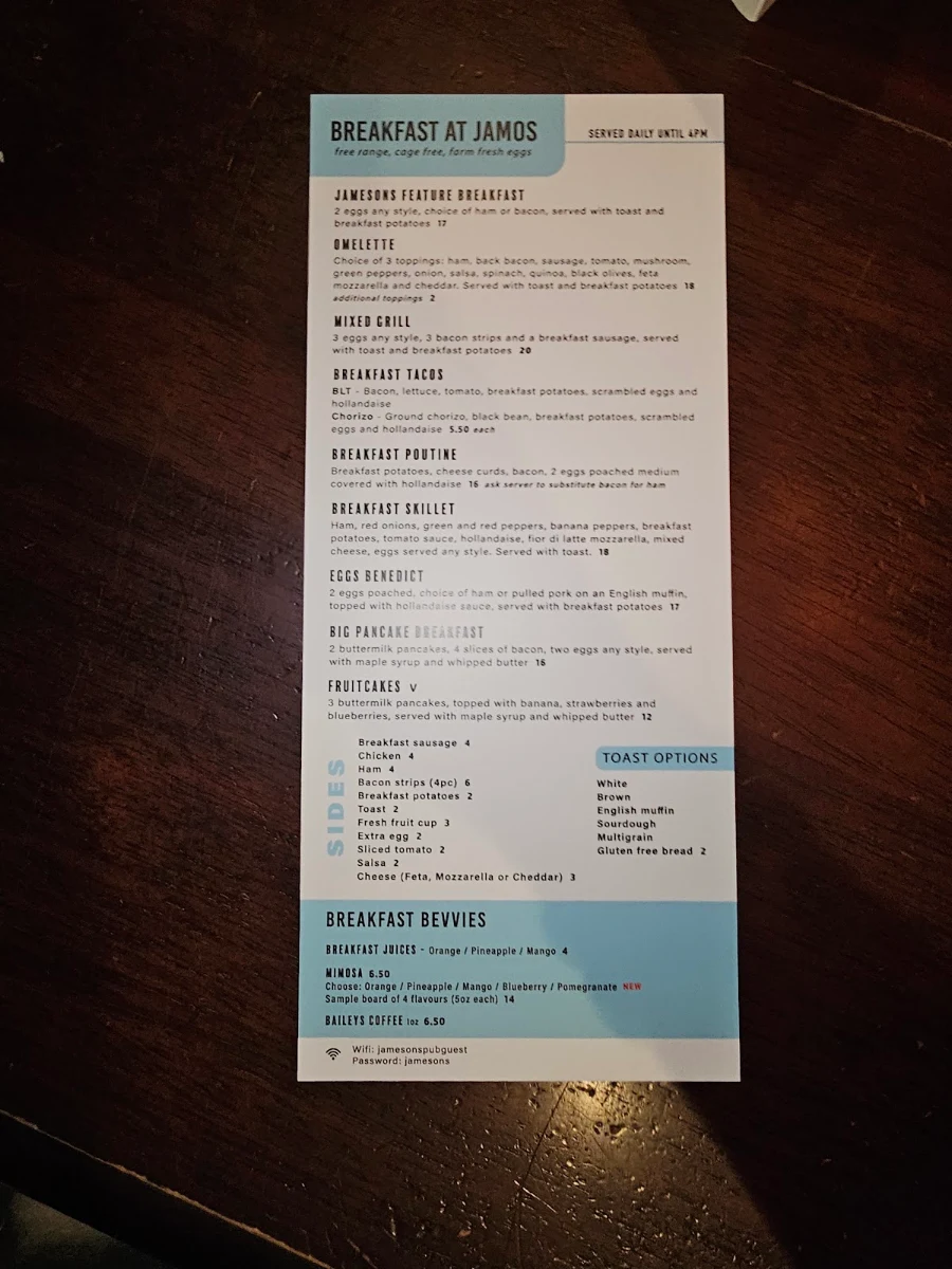 Menu, Jamesons Pub - 17th Ave