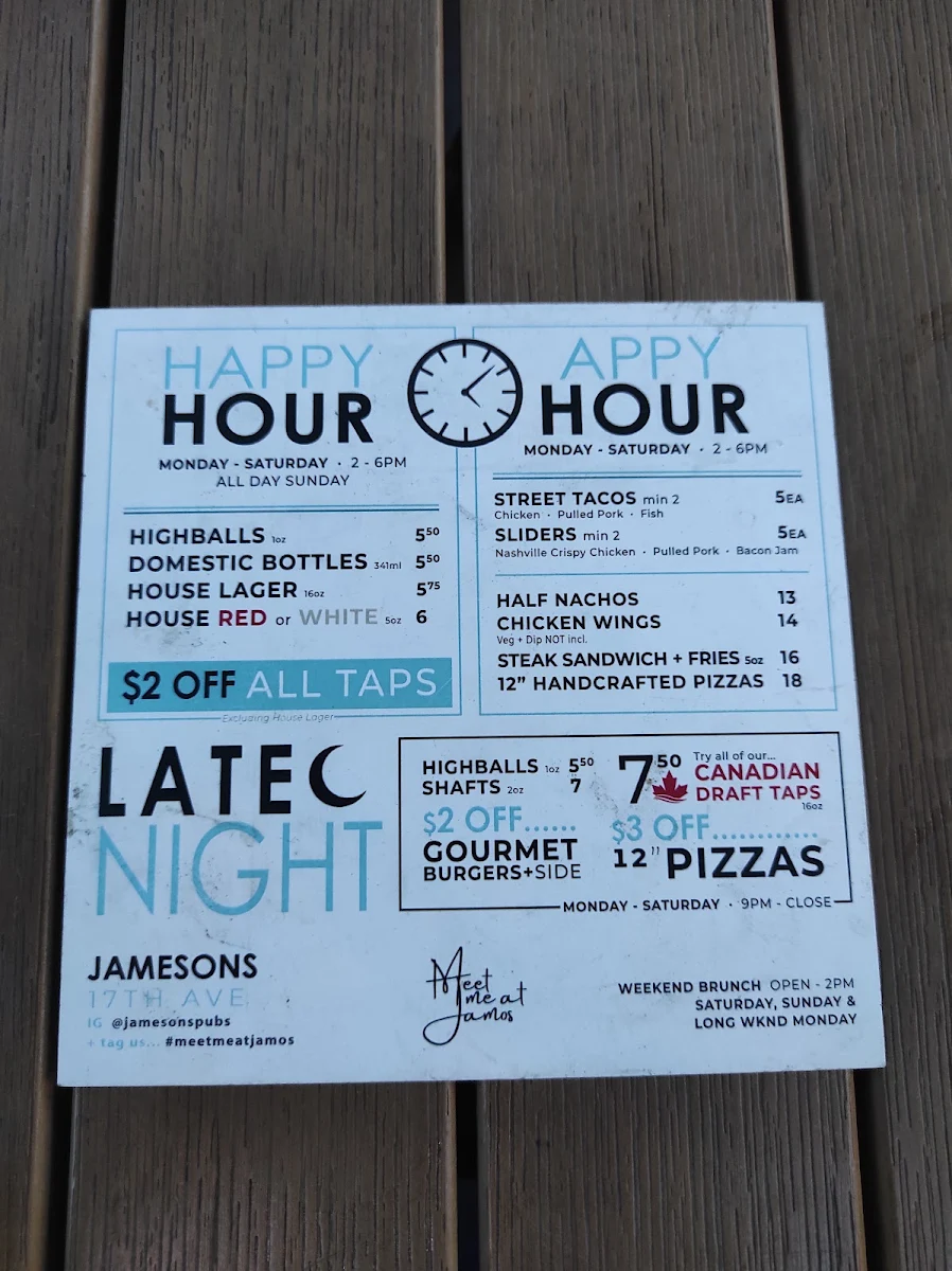 Menu, Jamesons Pub - 17th Ave
