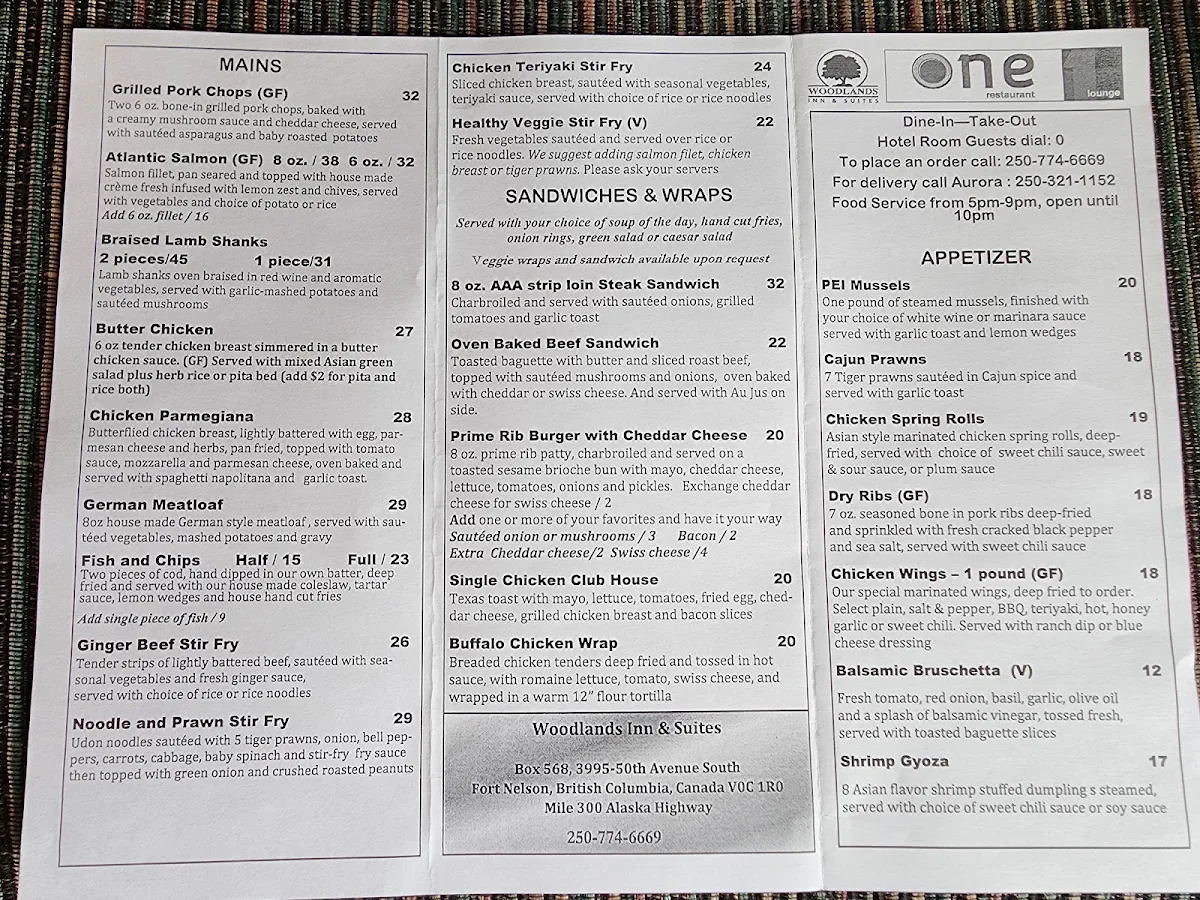 Menu, One Restaurant