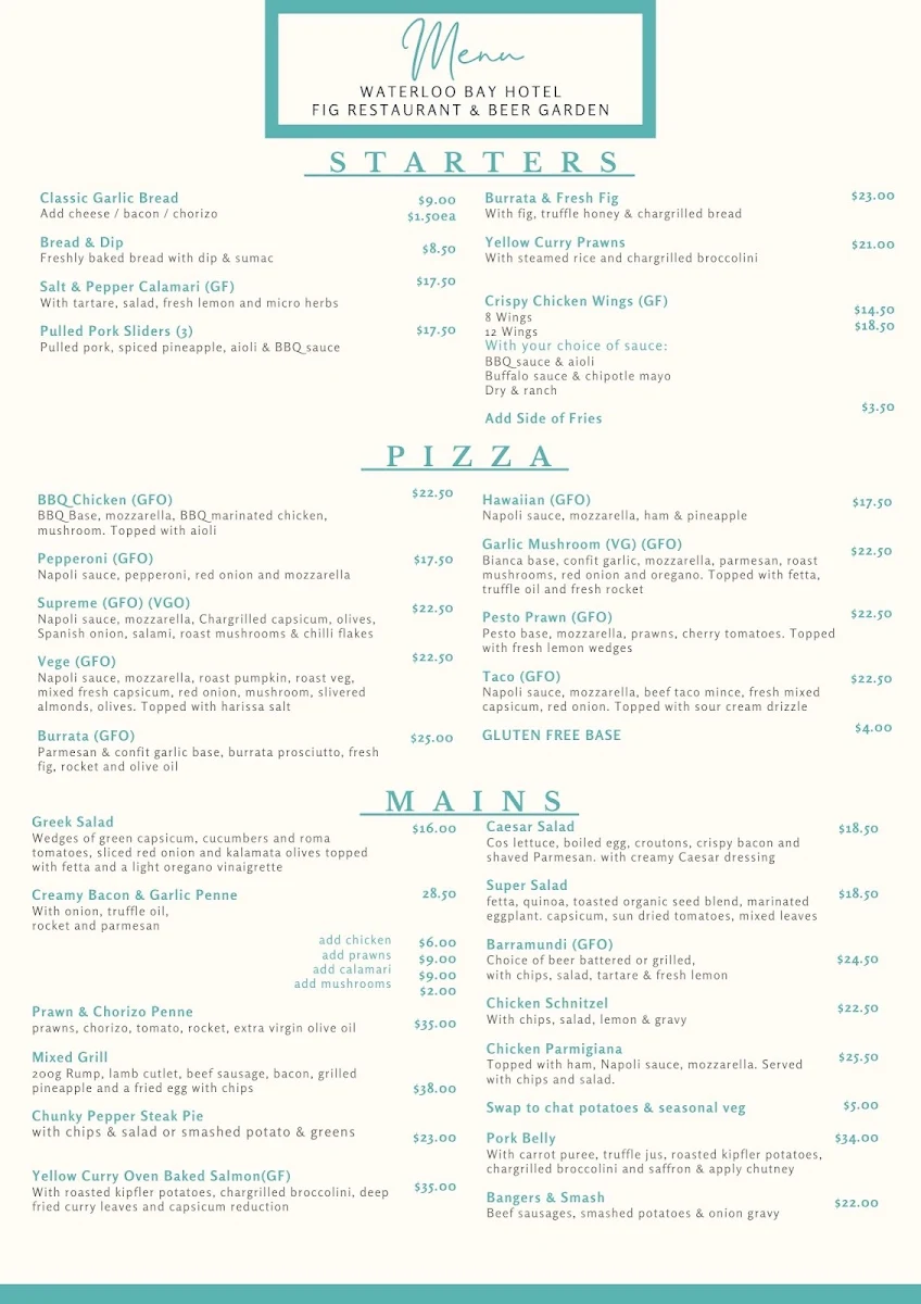 Menu, Waterloo Bay Hotel