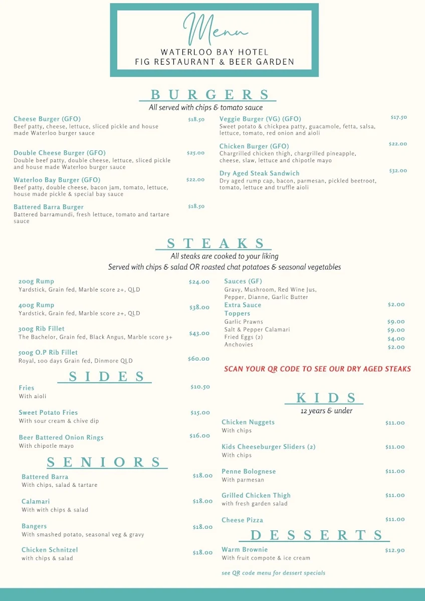 Menu, Waterloo Bay Hotel