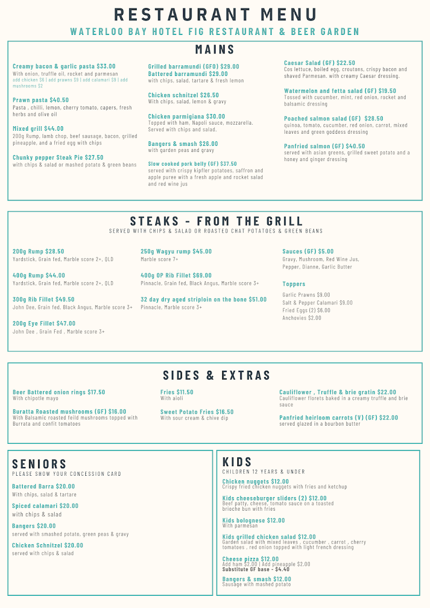 Menu, Waterloo Bay Hotel
