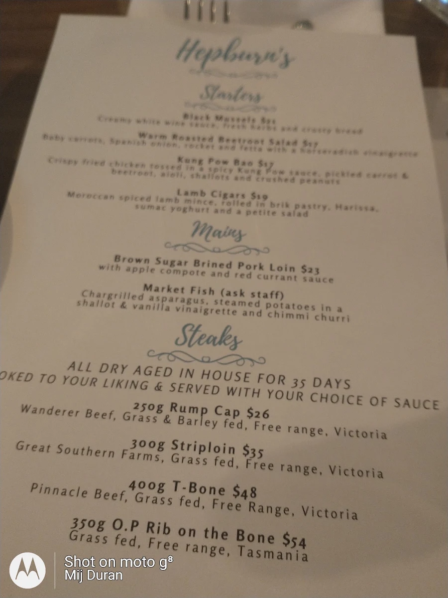Menu, Waterloo Bay Hotel