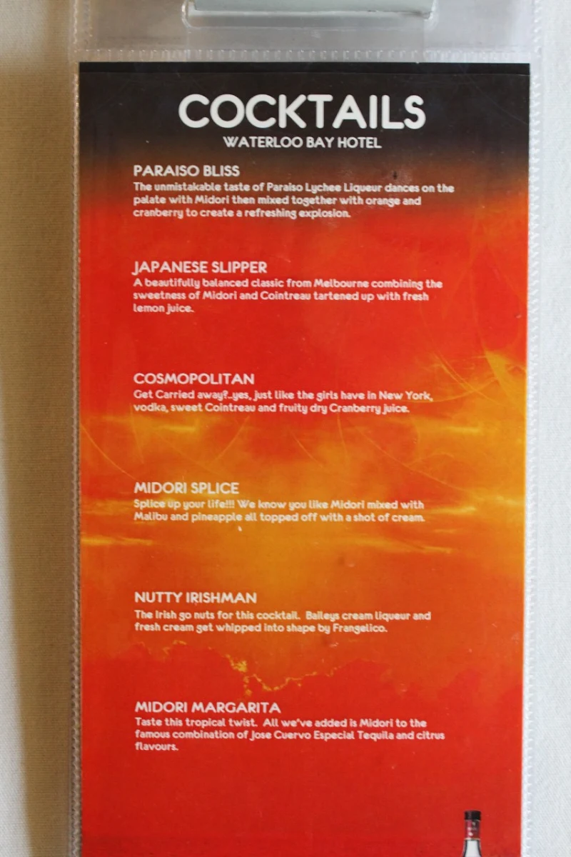 Menu, Waterloo Bay Hotel