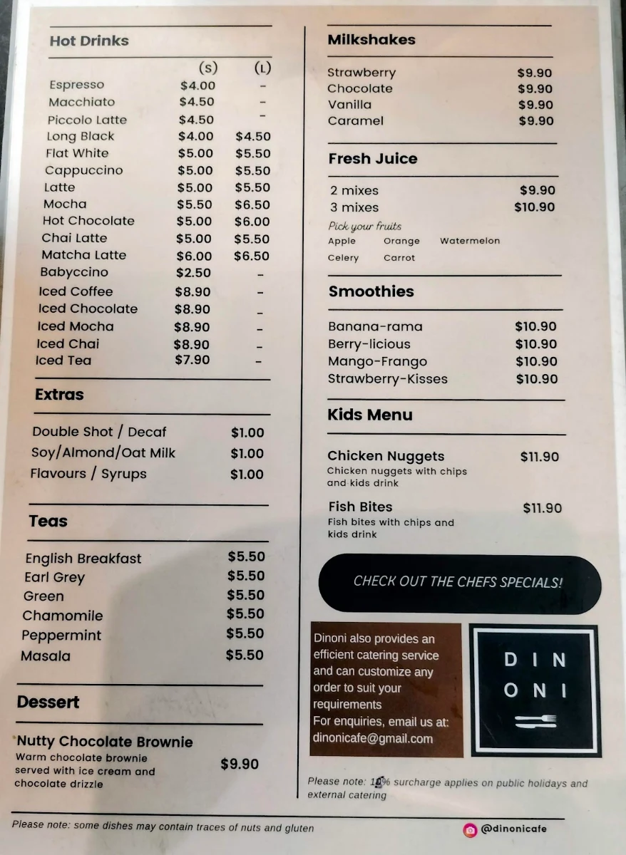 Menu, Dinoni Cafe