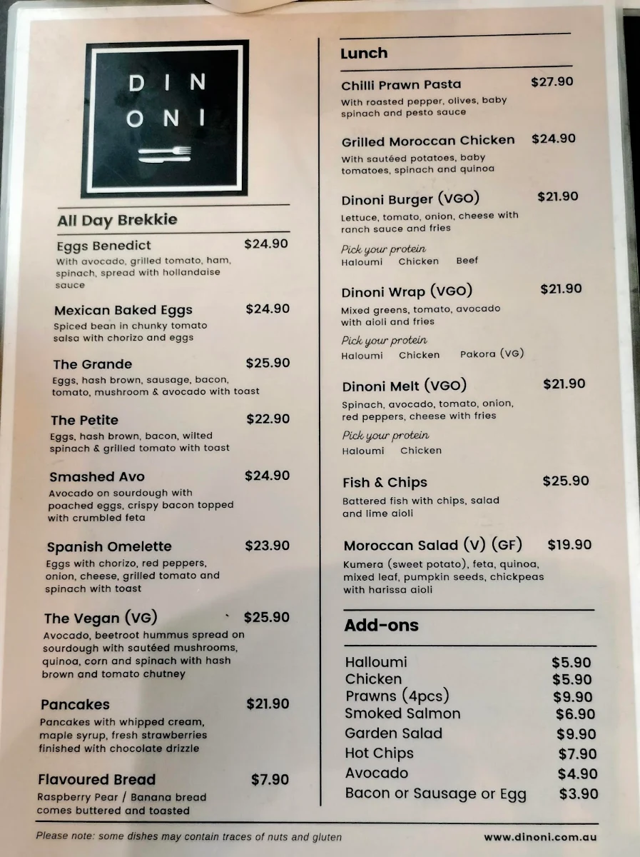 Menu, Dinoni Cafe