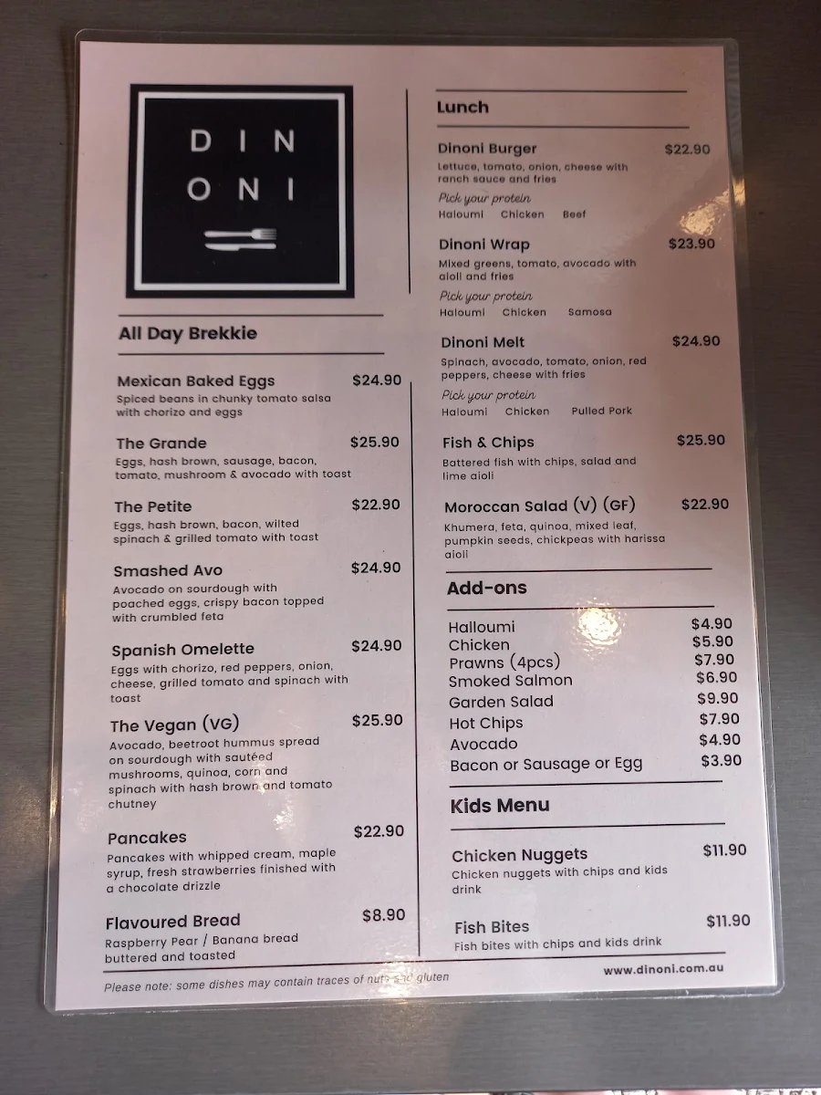 Menu, Dinoni Cafe