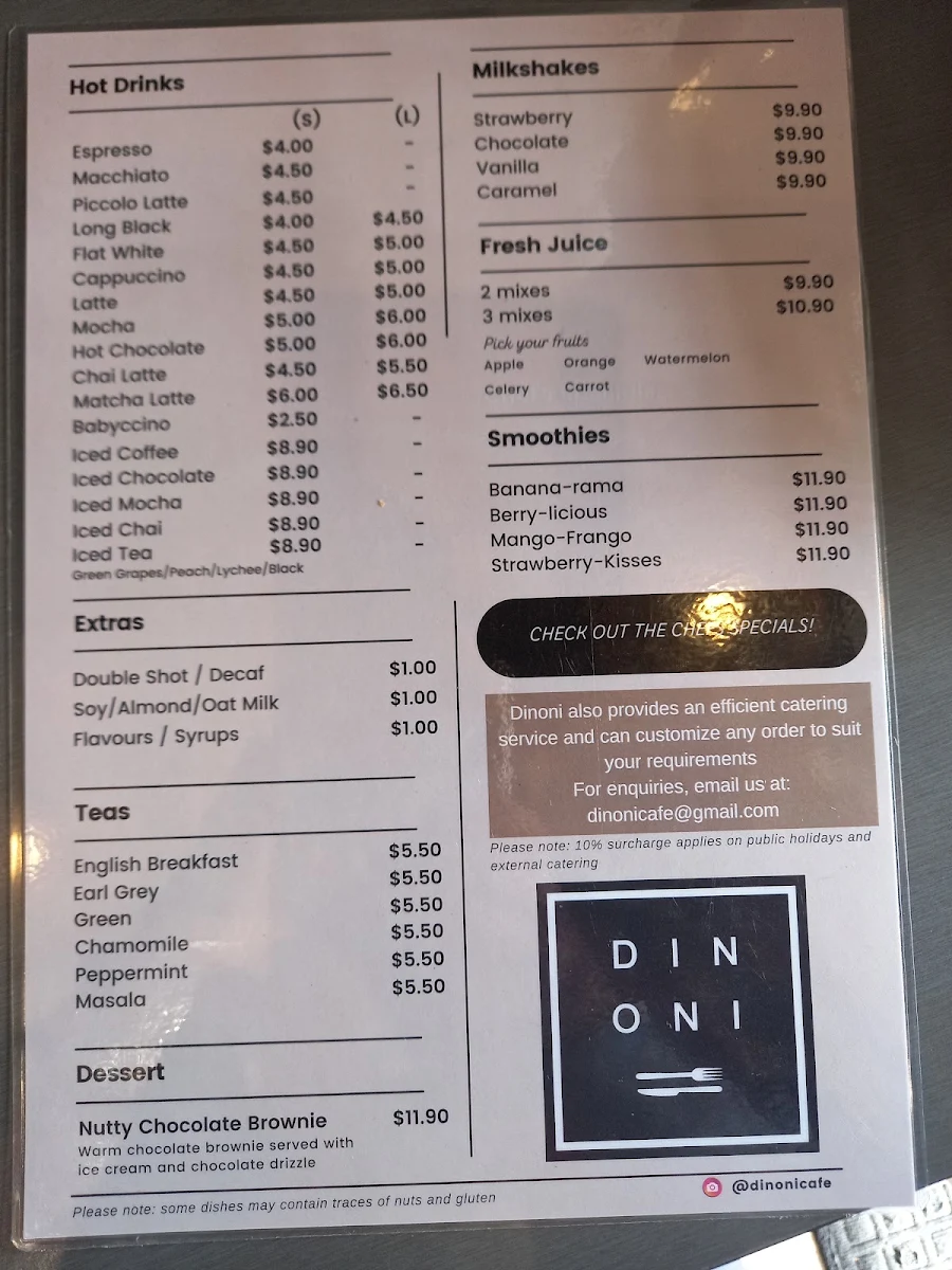 Menu, Dinoni Cafe