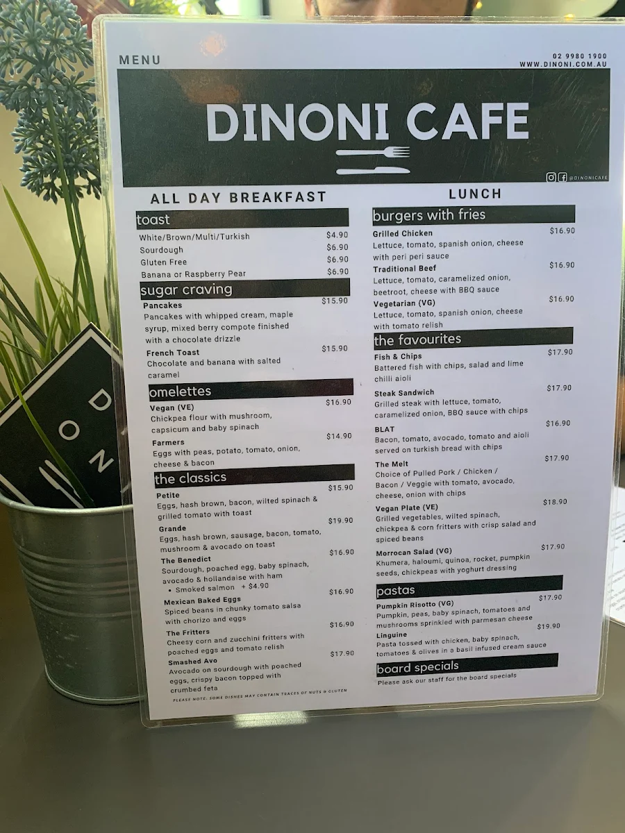 Menu, Dinoni Cafe