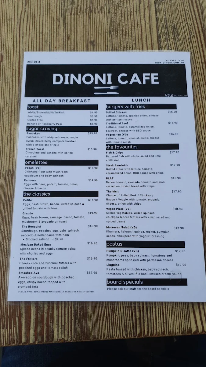 Menu, Dinoni Cafe