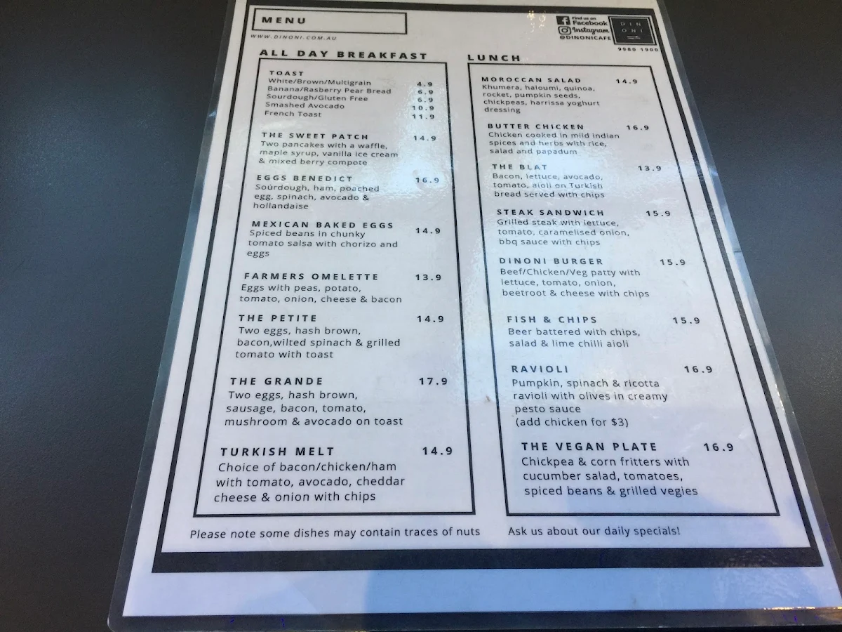 Menu, Dinoni Cafe